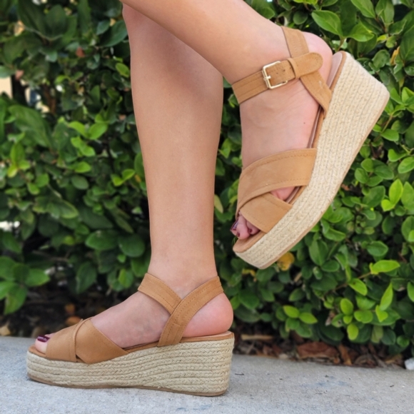 Shoes - Women's Open Toe Wedge Espadrille Camel Color Ankle Strap Buckle Closure